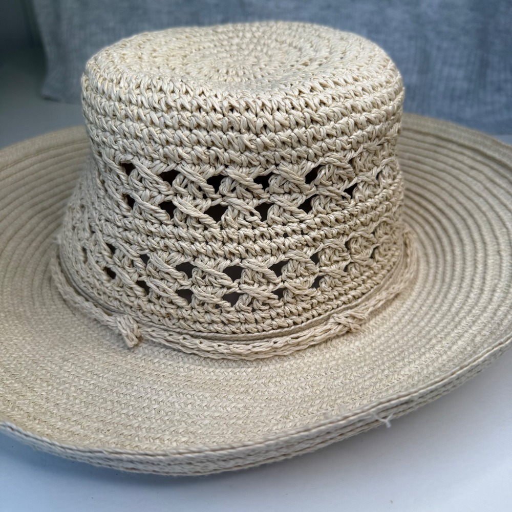 Vintage Women's Straw Sun Hat Wide Brim Summer Beach Vacation Chic Beige Crochet